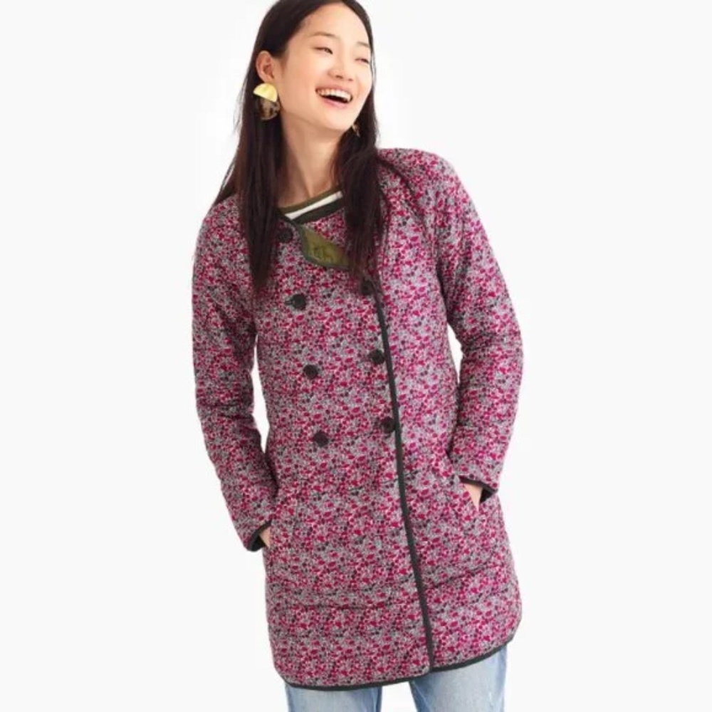 J. Crew x Liberty Green and Pink Floral Quilted Reversible Coat - Medium